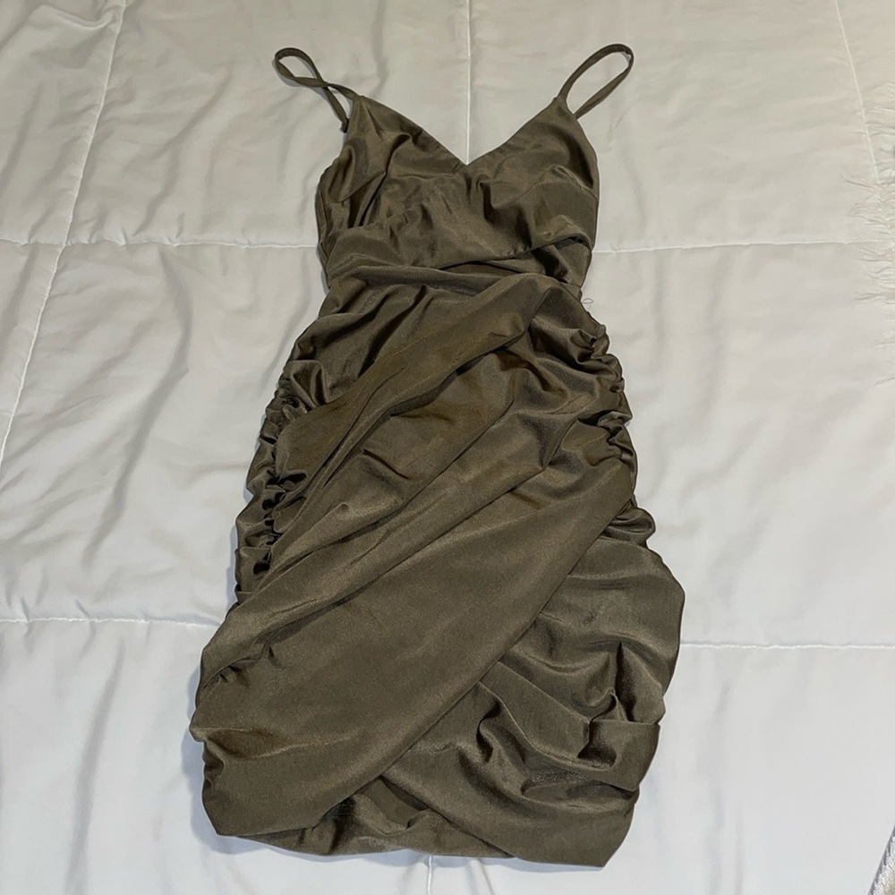 Reverse BodyCon Metallic Army Green Dress
